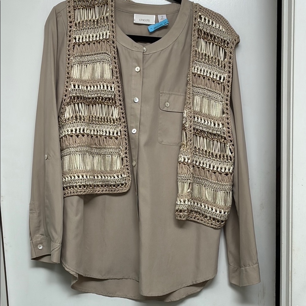 Chico's Beige Blouse with Crochet Vest